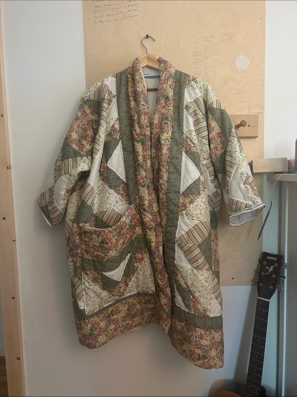 Handmade Floral Patchwork Quilt Coat in Green and Cream S-L